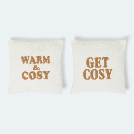 HOMESCAPES Faux Fur Slogan Cushion Pair – Plush Embroidered Design (1/5)