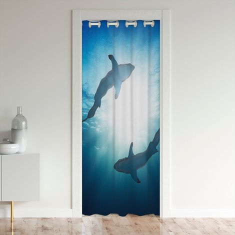 Porte Fenêtre Placard Thème Océan Rideau de Porte,Garçon Shark Rideau de Porte,Vie Marine Isolation Thermique Rideau,Monde sous Marin Rideau Occultant,Bleu Wave Fish Rideau de Porte,86x203 - 86L X 203 (1/5)