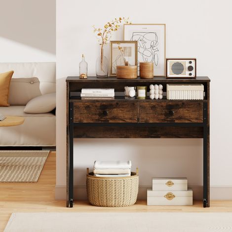 Bureau d'Ordinateur Rétractable Bureau de Rangement Gain de Place avec Tiroirs Coiffeuse Compacte avec Roulettes Marron Rustique (1/3)
