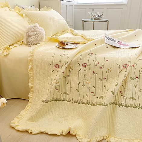 Couette en coton uni, couleur unie, élégante, broderie Tencel, motif, jaune, 200 x 230 cm, idéale pour l'été. (1/4)