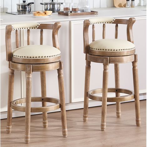 MODFU – Taburete de bar giratorio 360° de cuero genuino con respaldo curvo, altura de asiento 75 cm y estructura de madera – Blanco marfil (1/5)