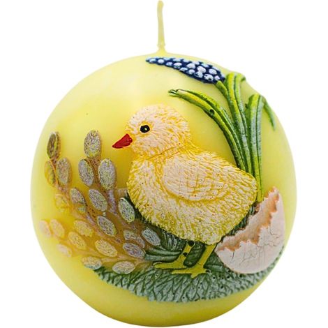 Bougie de Pâques, en forme de poussin avec application en jaune délicat, peinte à la main, diamètre : 8 cm, boule (1/5)