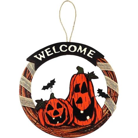 Corona de calabazas, texto Feliz Halloween, decoración colgante, puerta/pared, interior/exterior (1/5)