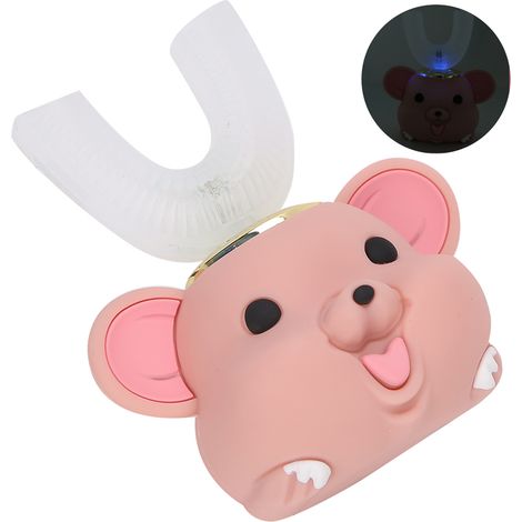 Brosse à dents électrique pour enfants, motif dessin animé, tête de brosse en silicone en forme de U, rose, 6-14 ans (1/5)