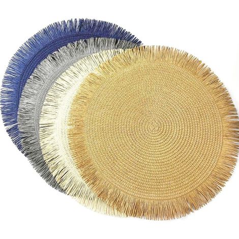 Lot de 4 sets de table ronds en paille de papier tissé avec pompons - 38 cm - Bleu marine + gris + beige + kaki'Bleu Marine + Gris + Beige + Kaki'Bleu Marine + Gris + Beige + Kaki'- (1/3)