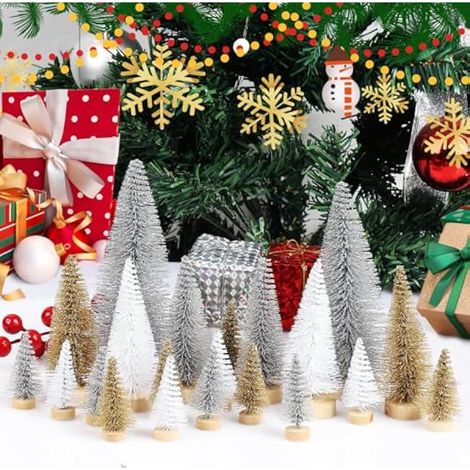 Lot de 21 mini sapins de Noël artificiels argentés, blancs et dorés (4,5/10/15 cm) pour décorations de Noël, village d'hiver et accessoires de bricolage. (1/3)