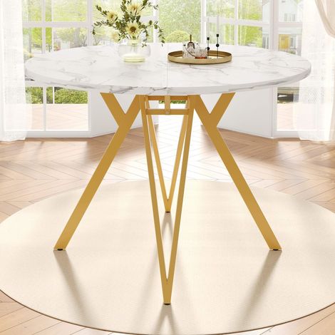 Table à manger ronde effet marbre 100 cm avec pieds métal doré, table de cuisine moderne en MDF pour 4 personnes, salon et salle à manger (1/5)