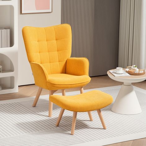 Akzentsessel mit Hocker, Relaxsessel in Cord-Optik, Armlehnstuhl mit Holzbeinen, für Wohnzimmer, Orange