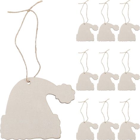 Lot de 10 décorations suspendues en forme de chapeau, en bois, avec corde de chanvre, pour sapin de Noël et fêtes.-7X8.4X0.25cm-Khaki
