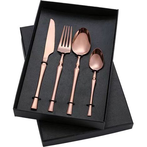 Juego de cubiertos de acero inoxidable de 4 piezas, Incluye cuchillo de mantequilla, tenedor y cuchara, Navidad y restaurantes, Color dorado (1/5)