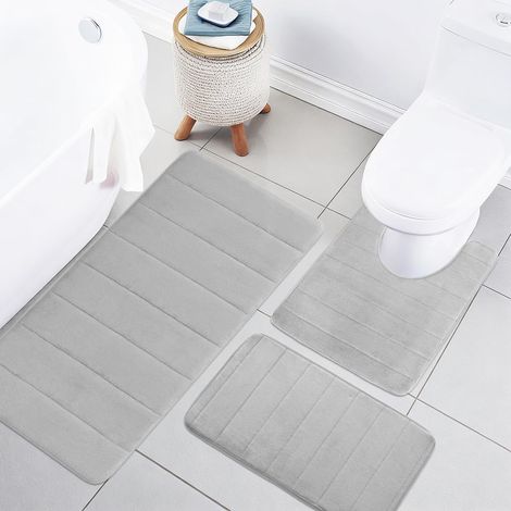 Lot de 3 tapis de bain en mousse à mémoire de forme - Antidérapant et lavable - Ensemble complet de tapis de salle de bain pour douche, WC et baignoire - Gris clair (1/5)