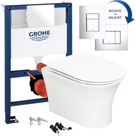 D Shape Rimless Wall Hung Toilet with GROHE 0.82m Low Height Concealed Cistern Frame & Flush Plate (1/4)