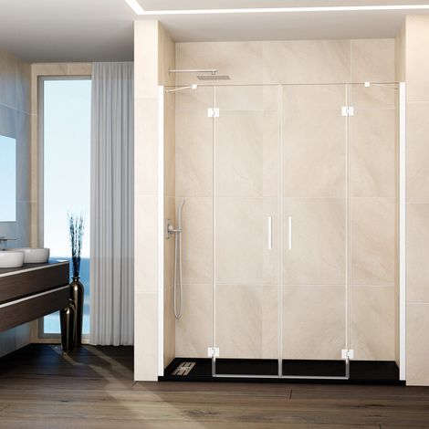Paroi de douche frontale GLASS panneau fixe + 2 portes pivotantes + panneau fixe 145 cm profilé blanc bras de maintien réglable (40+35+35+40) (1/5)