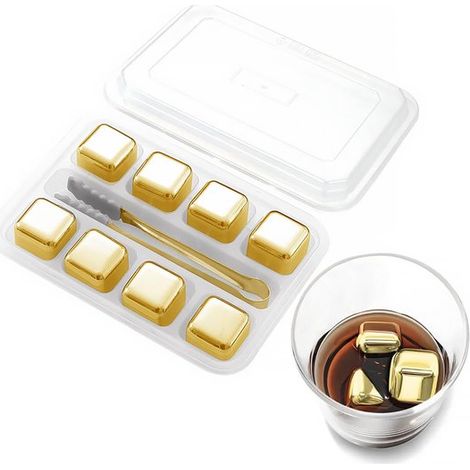 Cubitos de hielo reutilizables de acero inoxidable, paquete de 8 cubitos de hielo metálicos para whisky, reutilizables para whisky, vodka, oro (1/5)