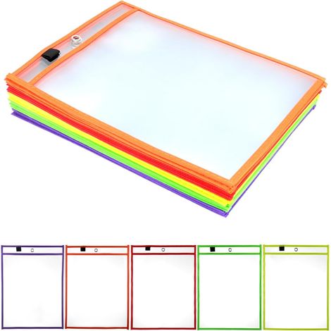 ® 25X Pochettes Effaçables à Sec A4, Pochette Transparente Réutilisables en 5 Couleurs, Fournitures de Bureau et d'Enseignement (1/5)