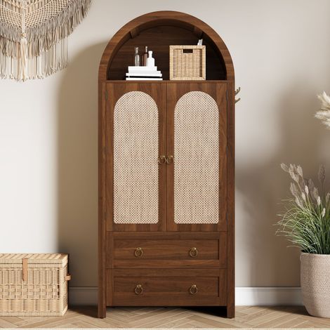 Credenza in MDF noce con ante in rattan, 2 cassetti, ripiani regolabili, 80 x 40 x 180 cm