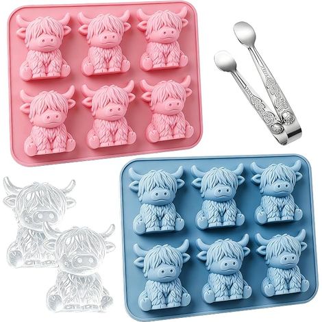 Lot de 2 bacs à glaçons en forme d'écorce des Highland avec pince à glace - En silicone - Bleu et rose - Mini bacs à glaçons réutilisables - Pour boissons, whisky, chocolat, démoulage facile (1/5)