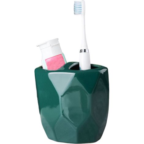 1 porte-brosse à dents céramique, 2 compartiments, design compact 11 x 8 cm, usage salle de bain bureau maquillage (1/5)