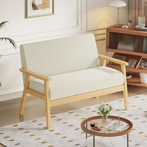 Canapé 2 Places Scandinave en Tissu Lin Beige,Fauteuil de Salon avec Structure en Bois,Petit Canapé pour Appartement,Bureau,107 x 60 x 76 cm (1/5)