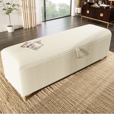 Panca contenitore 38x165x46 cm, vano idraulico, seduta imbottita, tessuto corda, legno massello beige (1/5)