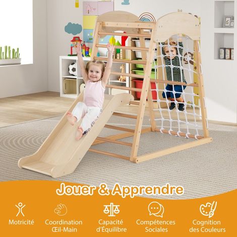 6 in 1 Pull Up Bar & Slide & Climbing Rock & Climbing Net & Ladder & Tunnel Climbing Frame Natural (1/5)