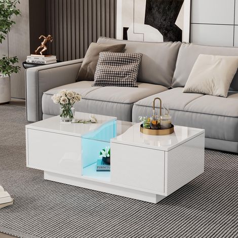Table basse moderne avec éclairage LED et 2 tiroirs – 100 x 50 x 35 cm, table d'appoint blanche laquée brillante avec éclairage LED et plateau en acrylique, table d'appoint en MDF pour salon ou chambr (1/5)