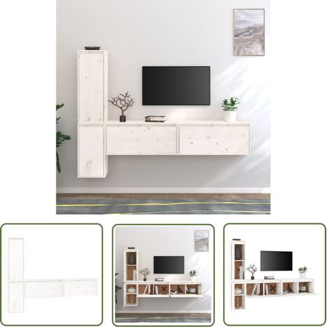 The Living Store Meubles TV 4 pcs Blanc Bois massif de pin - Meuble Tv - Meuble Suspendu - Rangement Mural - Bibliothèque Murale - Décoration Murale (1/5)