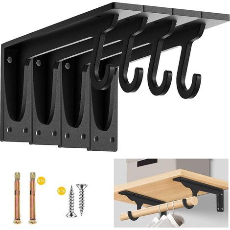 Lot de 4 Supports D'étagère Murale Robustes de 38,5CM, Supports Robustes pour Etagères et Barre avec Crochets D'angle pour Armoires de Cuisine, Etagères, Rangements, Penderies, Noir (1/5)