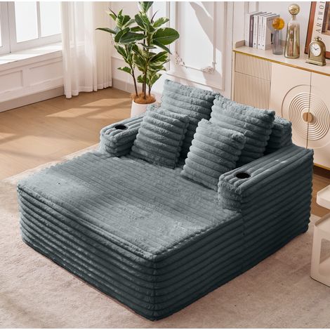 Chaise longue 2 posti 135 x 128 x 86 cm in tessuto peluche grigio scuro con portabicchieri - CHICFURN (1/5)