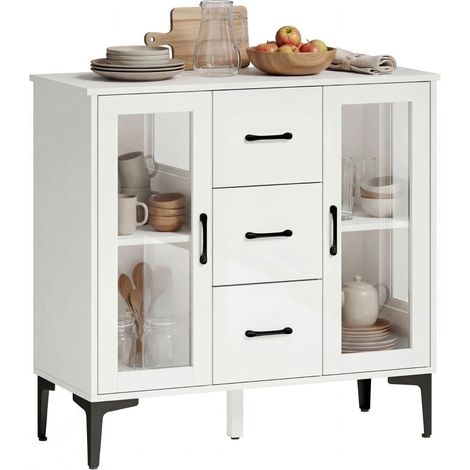 Meuble bas moderne à portes soft-close, buffet avec 3 tiroirs, 2 portes vitrées et étagères réglables, structure en MDF, couleur blanc