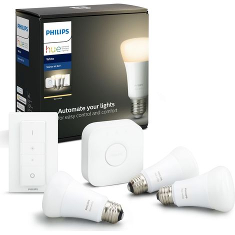 Philips Hue White E27 Bluetooth 3er Starter Set LED-Leuchtmittel inkl. Bridge + Dimmschalter (1/3)