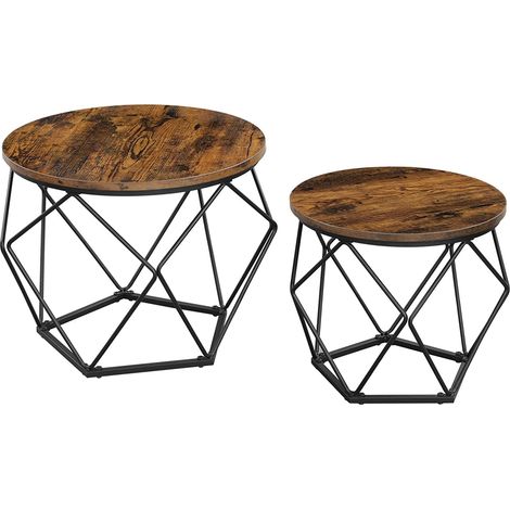 Tables basses, lot de 2 tables d'appoint, structure en acier massif, pour salon, chambre, marron rustique et noir LET040B01 (1/5)