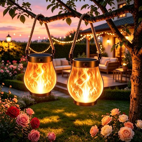 Lot 2 Lanternes Solaires Extérieures Lampes LED Étanches Flamme Dansante Corde Chanvre Double USB Solaire Terrasse Chemin Déco