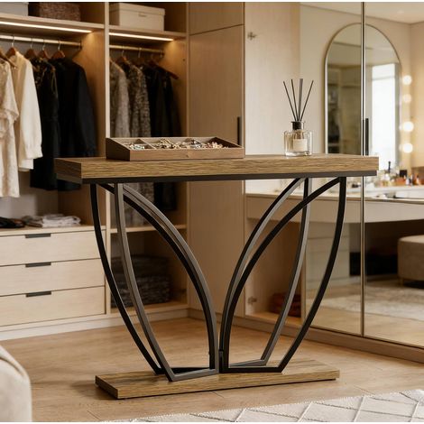 REDOM - Table à manger 105x30 cm - usage polyvalent - structure stable - métal et bois - noir et brun rustique (1/5)