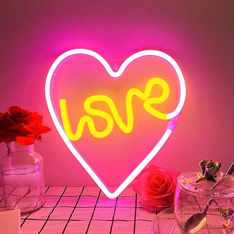 Enseigne Néon Cœur - Lumière Néon LED en Silicone Souple - Alimentation USB ou Piles AA - Décoration Murale pour Chambre, Mariage, Fête - 25,4 x 27 cm - 1 Pièce (1/5)