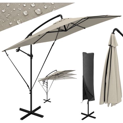 Parasol déporté, parasol de jardin extérieur, Toile ajustable, 8 baleines, base en croix et manivelle, 2,5 x 2,5 m, kaki (1/5)