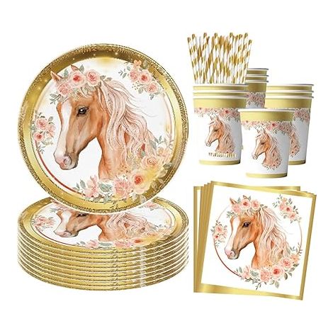 Kit de vaisselle jetable d'anniversaire thème Cheval - 68 pièces pour fête enfant (1/5)