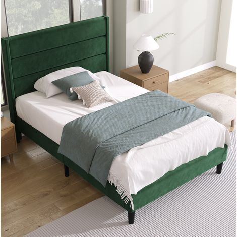 Cama tapizada 90x200 cm en terciopelo verde oscuro con cabecero, somier de láminas y colchón H3 de 7 zonas (1/5)