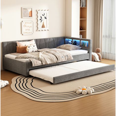 Bett 90x200 cm in Grau mit Leinenbezug, Ausziehbett, Lattenrost, USB-C und LED-Lichtleiste (1/5)