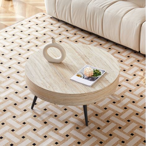 Mesa de centro redonda 70x70x35.5 cm negro y travertino claro MDF y metal con patas ajustables (1/5)