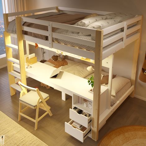 Etagenbett 140x200/90x200 cm aus Holz mit Schreibtisch, Schubladen und LED (1/5)