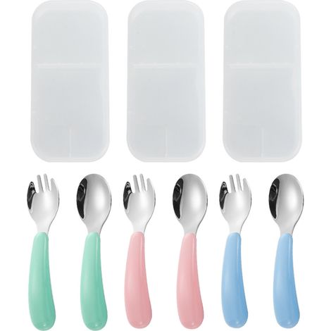 Couverts Enfant - Cuillère Et Fourchette En Acier Inoxydable Et PP Sans BPA - Pour Apprentissage De La Mangeoire - Rose Vert Bleu - 3 Sets (1/5)