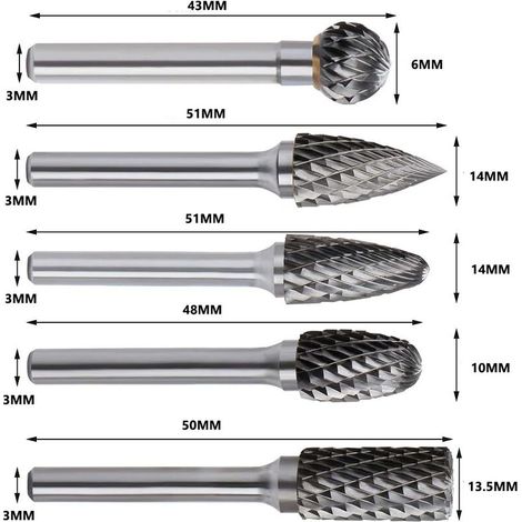 5-teiliges Set aus doppelt geschnittenen, 6 mm Schaft, 10 mm Kopf, Wolframkarbid-Rotationsfräsern für Dremel, Bohrmaschine und elektrischen Schleifer, zum Metallschnitzen, Polieren und Gravieren. (1/5)