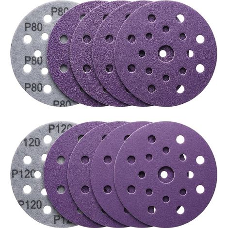 Papier abrasif 125 mm grain 80/120, 20 disques à poncer violets pour meuleuse d'angle – Ponçage humide/sec(17 Trous) (1/5)