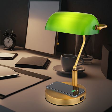 Lampada da scrivania lampada da banchiere lampada da tavolo ottone vecchio vetro luce da lettura verde, porta USB per ricarica wireless, interruttore a tirante, 1x E27, LxH 26,5x36 cm