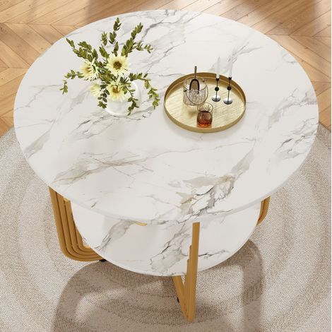 Ensemble repas 5 pièces rond 80 cm en MDF effet marbre, pieds métal dorés, chaises grises (1/5)