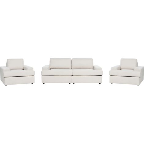 Conjunto de sala de estar clásico 5 plazas sofá 2 sillones tapizado tela poliéster con sillón respaldo acolchado grueso acolchado beige claro Alla