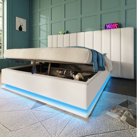 Polsterbett 160/200 cm weiß aus PU mit LED, USB-C und Stauraum (1/5)