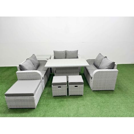 Fimous 9 Seater PE Wicker Rattan Furniture Sofa Sets with Adjustable Lifting Dining or Coffee Table 2 Seater Love Sofa 3 Stool Side Table Light Grey (1/5)