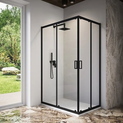 Cabine de douche 70x90 cm d angle coulissante profilés noir mat verre transparent 6 mm h185 Tonga (1/4)